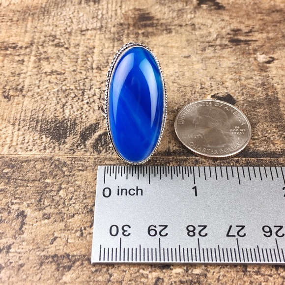 Blue Botswana Agate Stone Silver Overlay Ring Size 7.75 - Picture 11 of 12